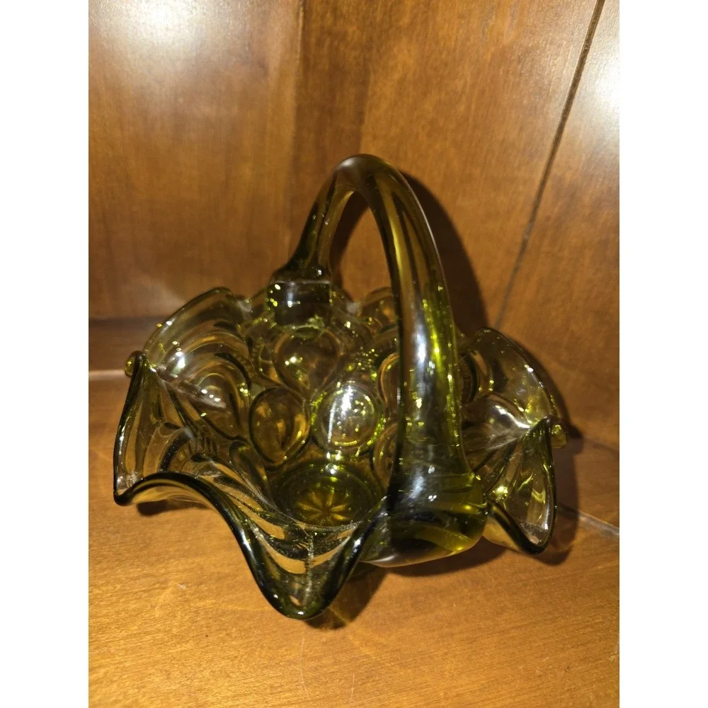 Vintage Olive Green Glass Basket Handle Glass Ruffle Rim Vintage